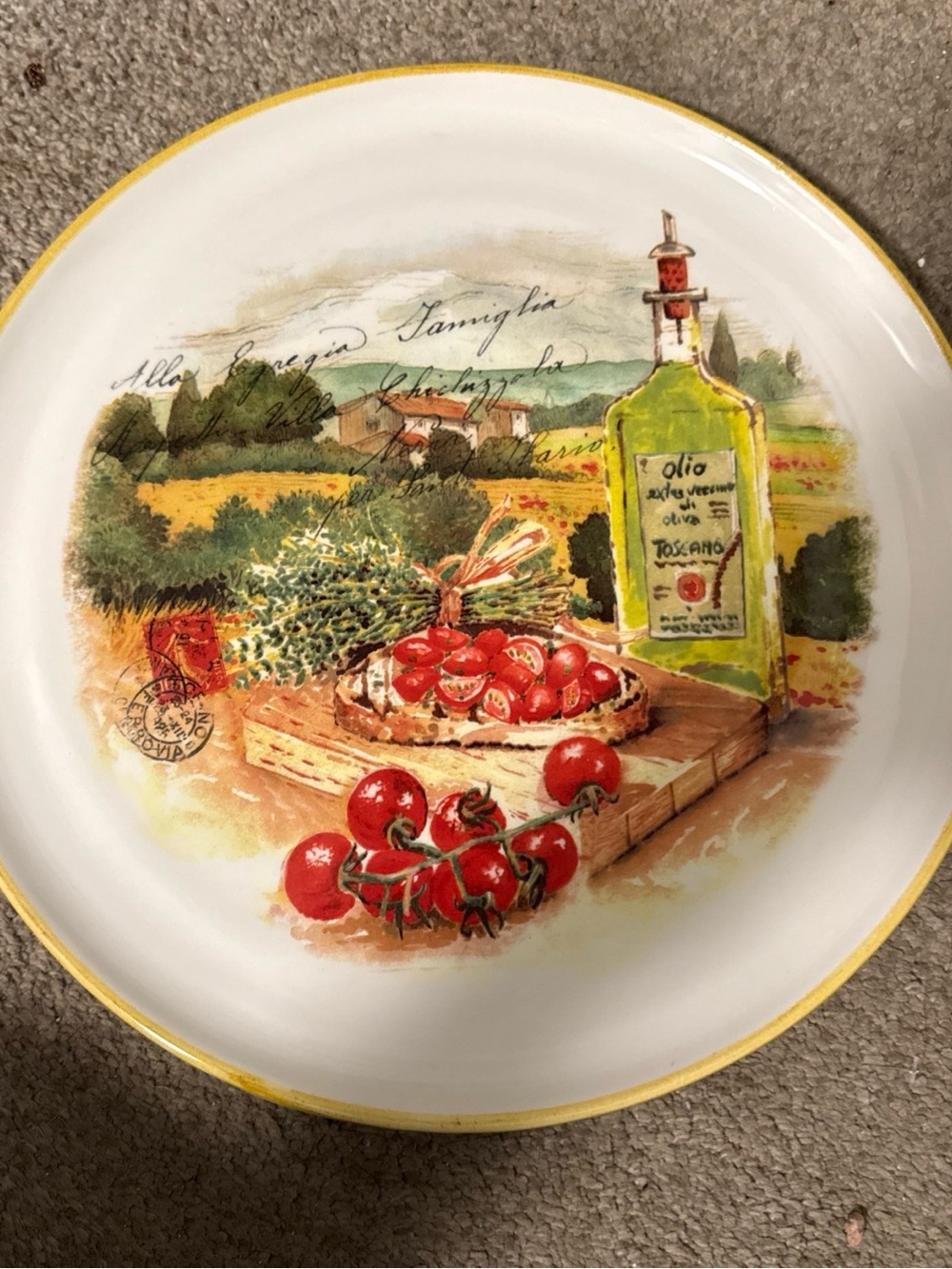 Ceramic Serving Plate with Tomato & Olive Oil Illustration - Yellow Trim